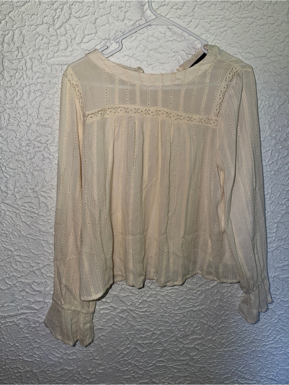 Blue Rain Cream Boho Eyelet Crochet Lace Long Sleeve Blouse Size M
